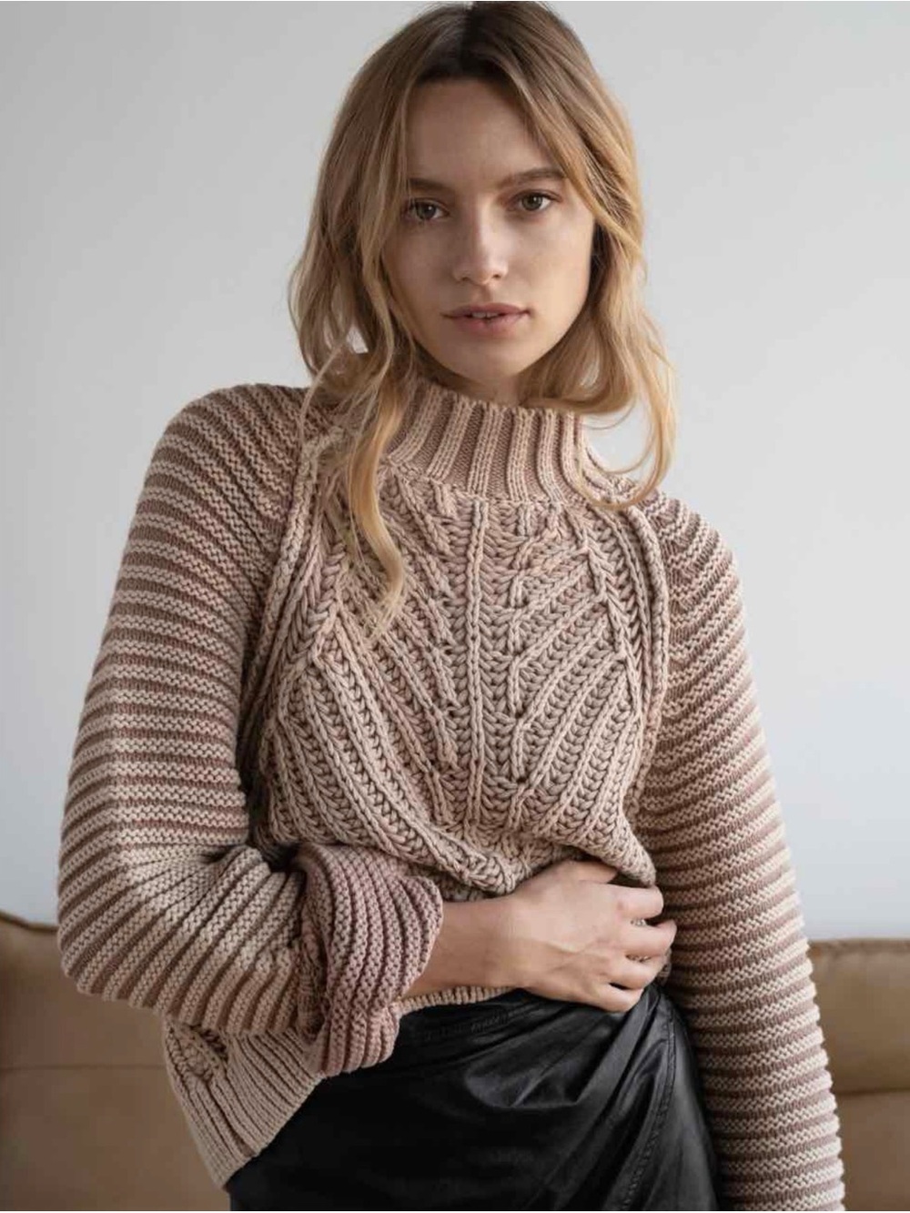 Free People Chunky Knit Mock Neck Sweater Neutral Beige Textured Pullover M